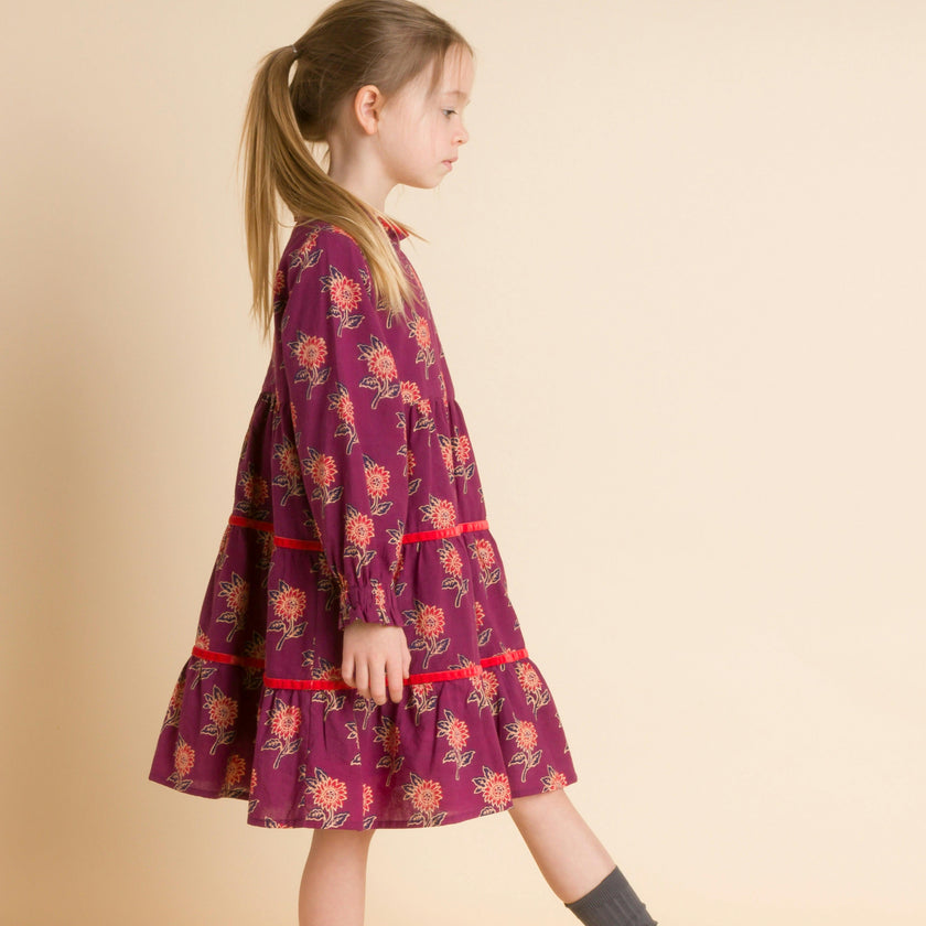 Long Sleeves Tiered Skirt Dress with Velvet Trim