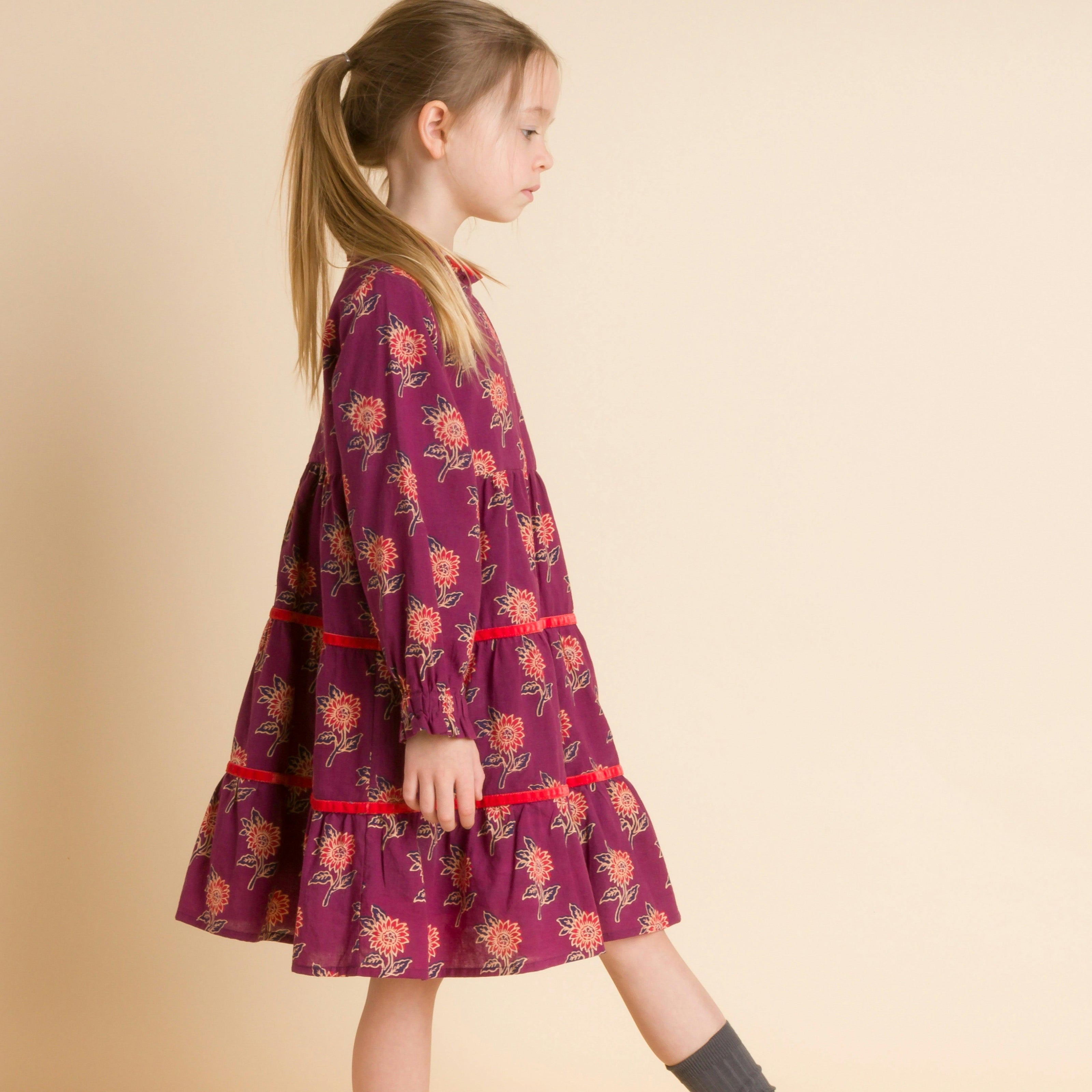 Long Sleeves Tiered Skirt Dress with Velvet Trim