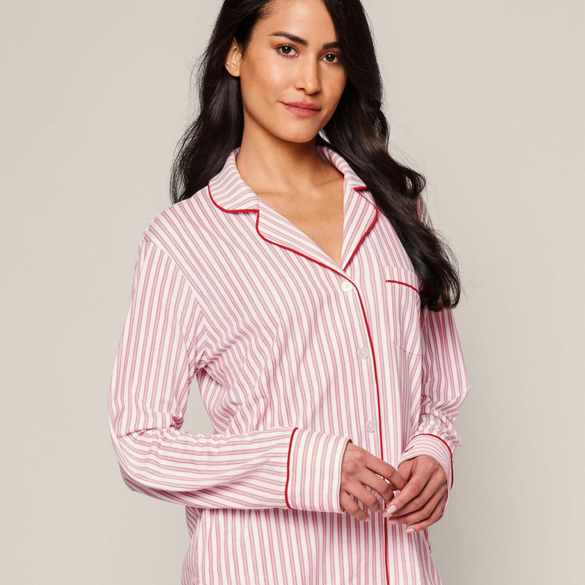 Women's Pima Long Sleeve Short Set in Antique Red Ticking