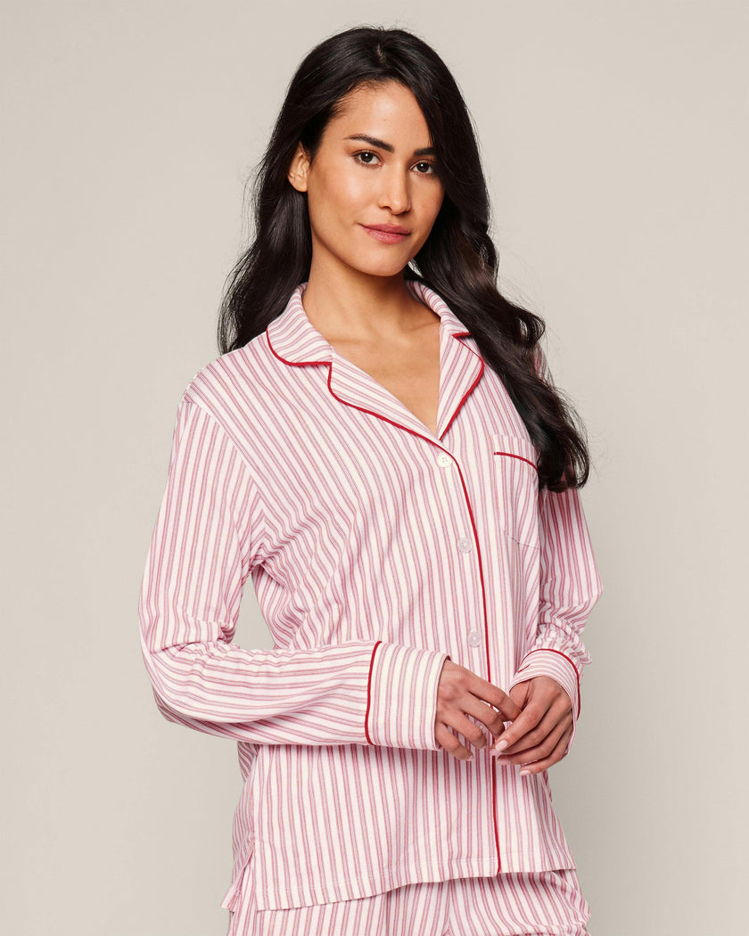 Women's Pima Long Sleeve Short Set in Antique Red Ticking