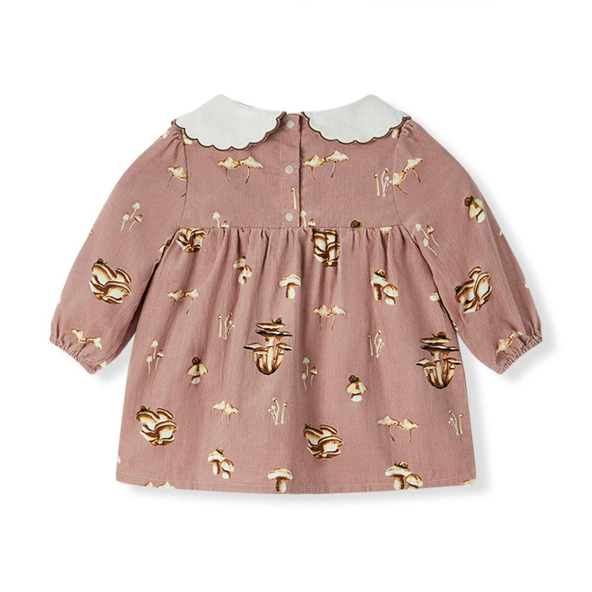 Mushroom Corduroy Long Sleeve Collared Dress