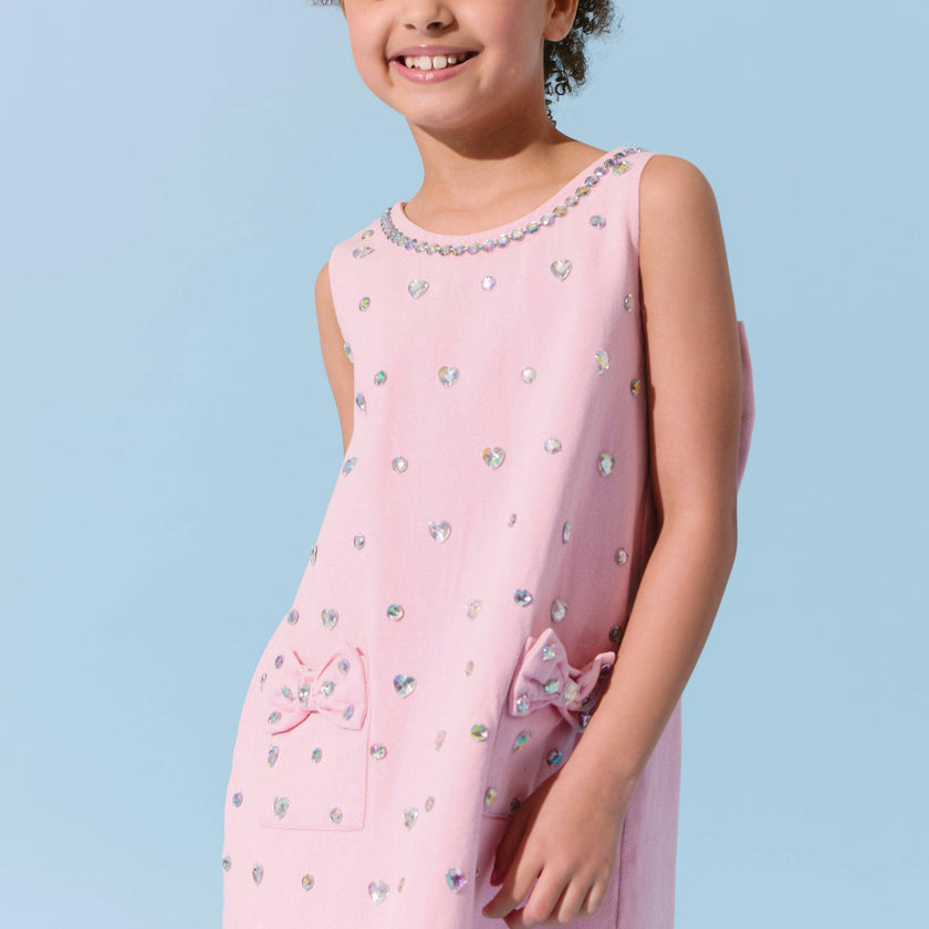 Pink Crystal Heart Denim Bow Dress