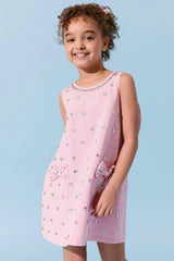 Pink Crystal Heart Denim Bow Dress