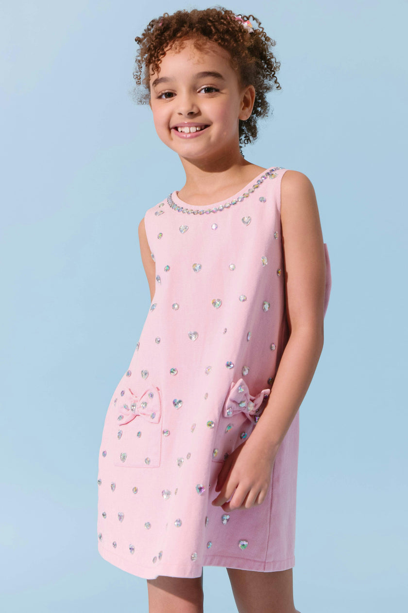 Pink Crystal Heart Denim Bow Dress