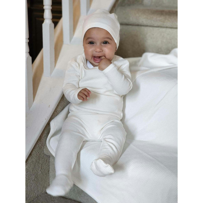 Boys Quilted Waffle Round Neck Long Sleeve Cross Buttoned Footie