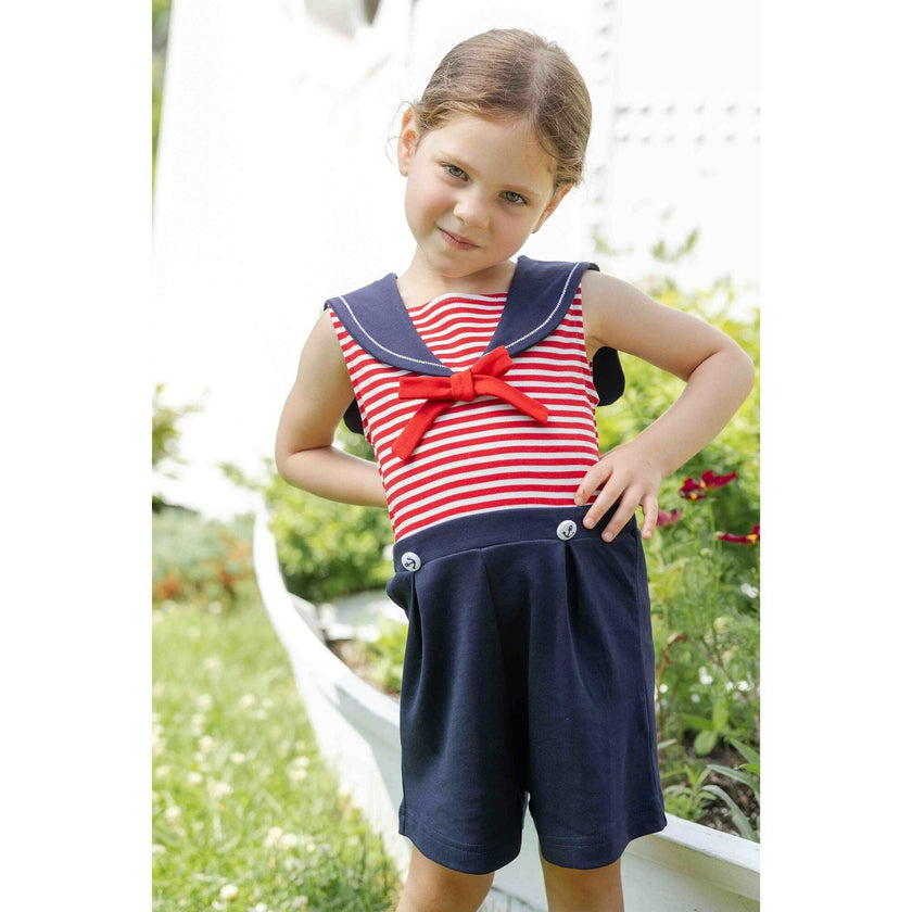 Stripe Knit Shorts Romper With Sailor Collar