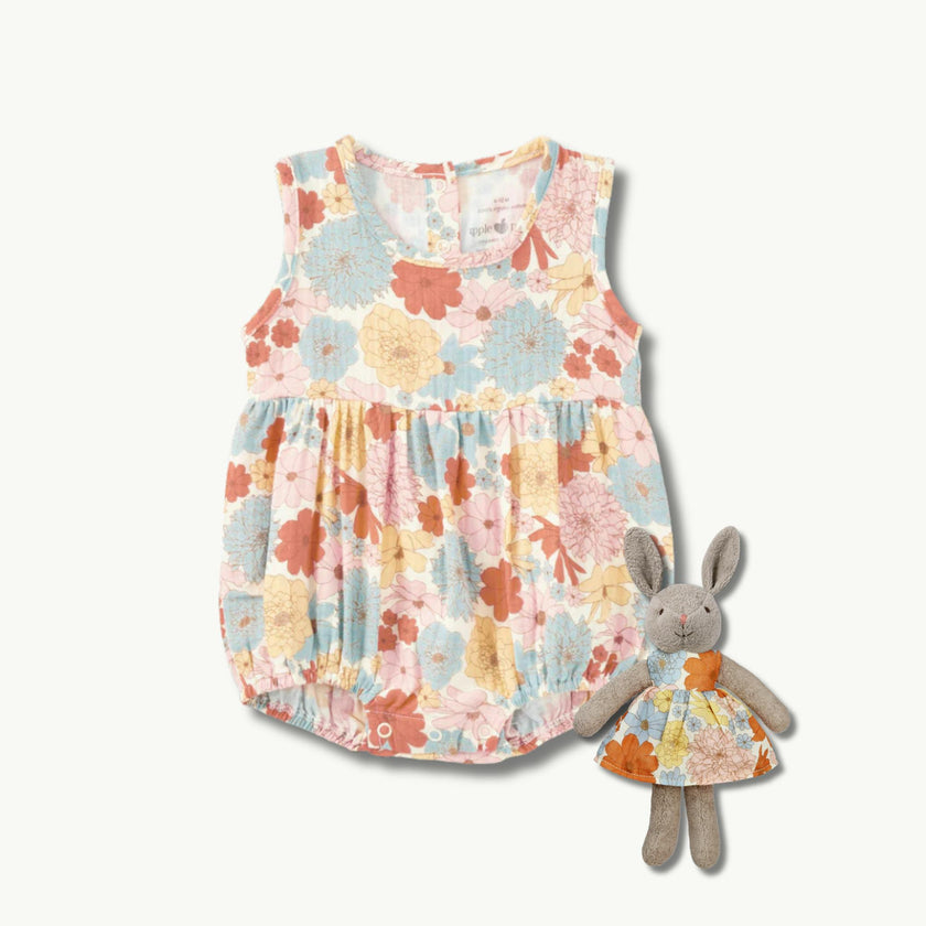 Muslin Bubble Romper + Little Plush Bunny Set - Wild Flower Picnic
