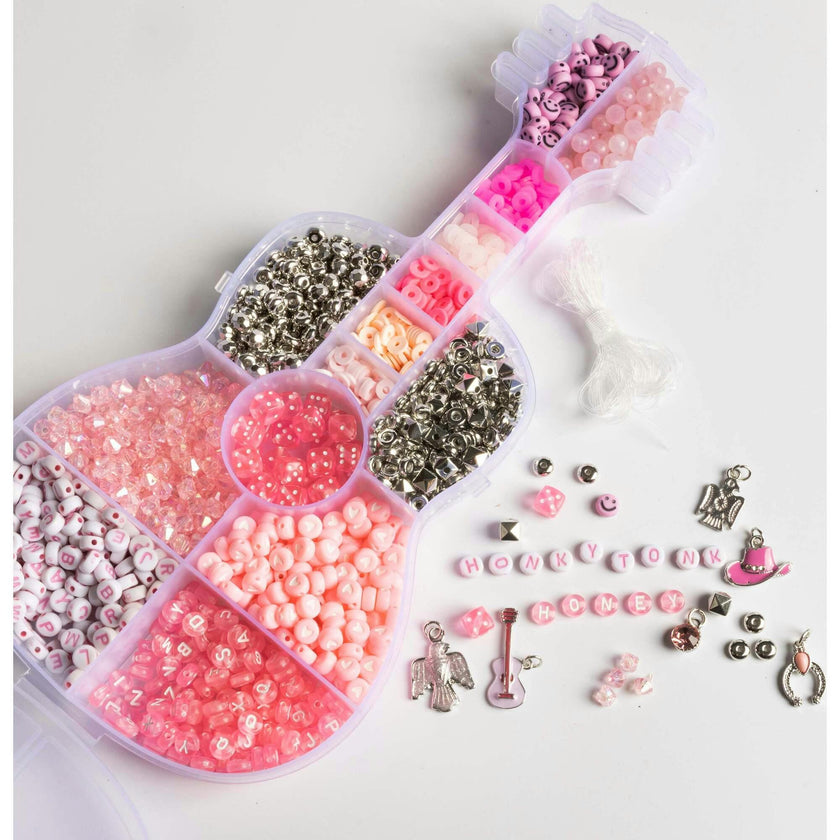 Rhinestone Cowgirl Bubble Gum Pink Letter Bead Guitar Shaped Bead Kit with Silver Western Charms DIY Kit