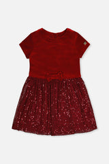 Bi-Material Short Sleeve Dress With Glittering Skirt Red
