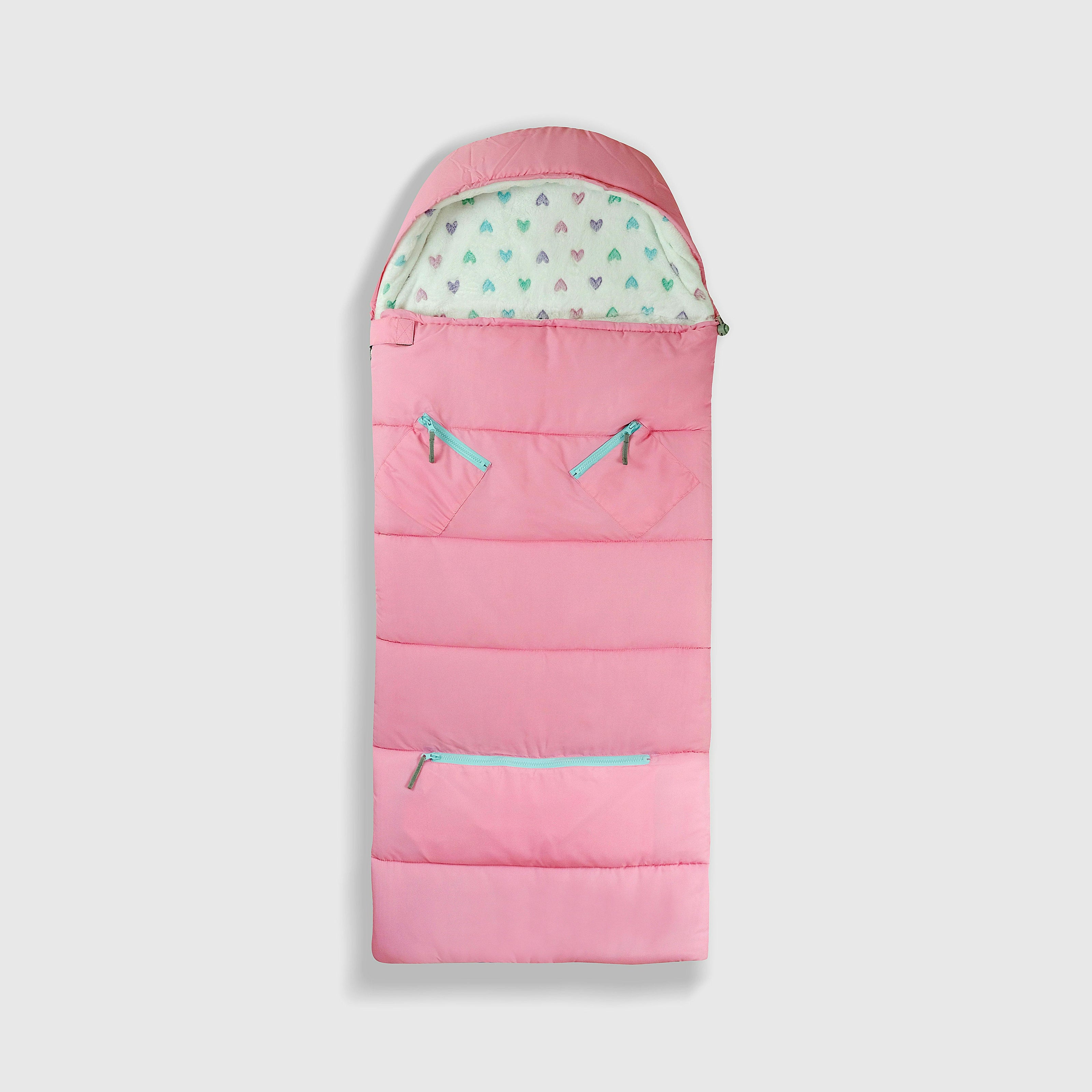 Sleep-N-Pack: Packable Sleeping Bag, Little Kid 3-6 yrs - Cosmos Pink/Glow-In-The-Dark Hearts