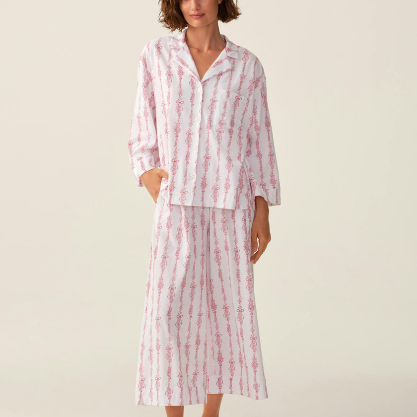 The Olivia Wide Leg Pima Pajama Set in Pink Mayfair Toile