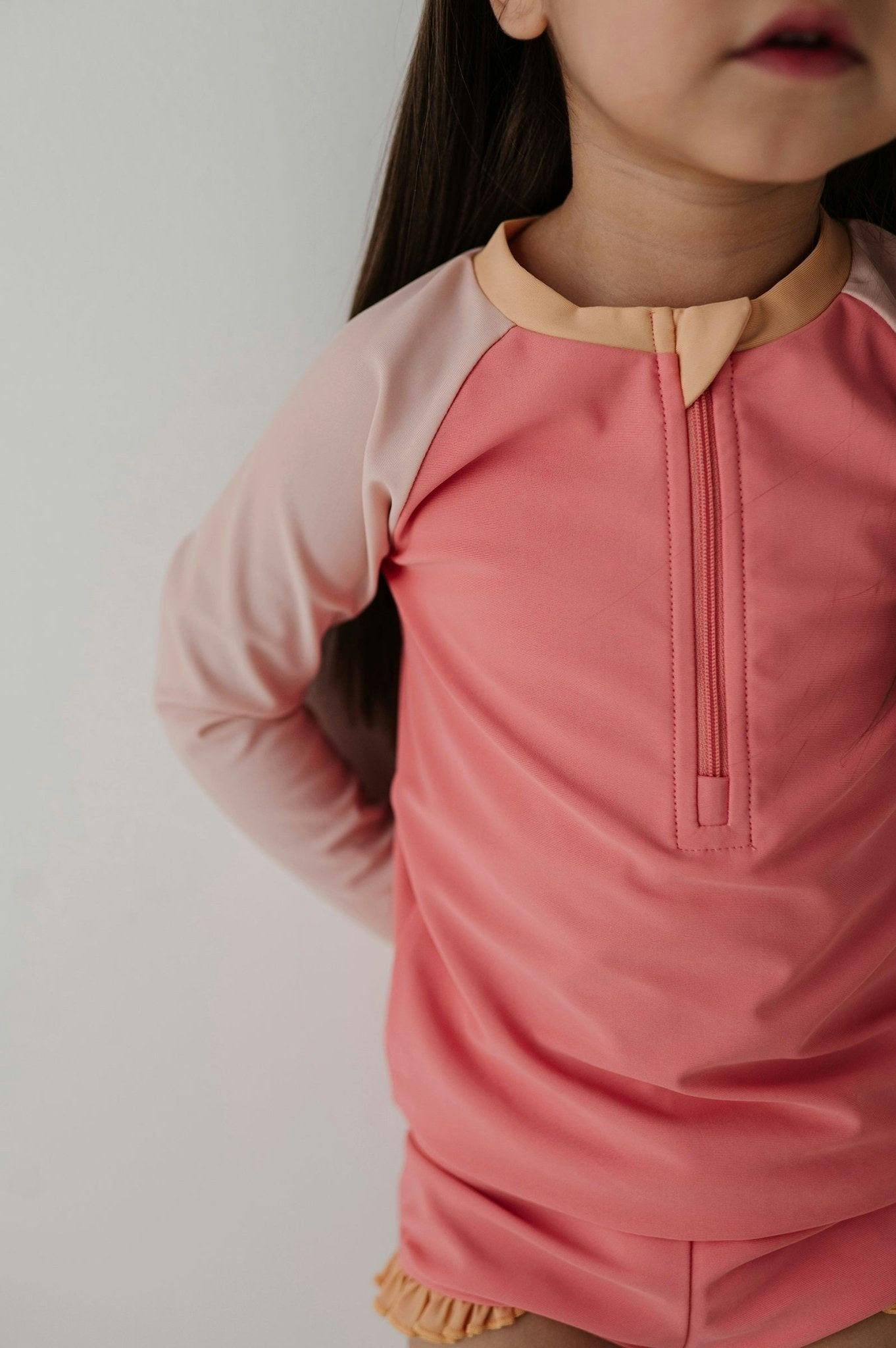 Girls Zip Rash Guard Two-Piece Swimsuit in Strawberry Ice Colorblock