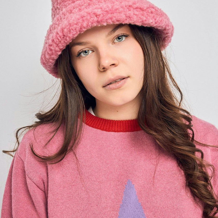 adult merino wool bucket hat - dusty pink + red