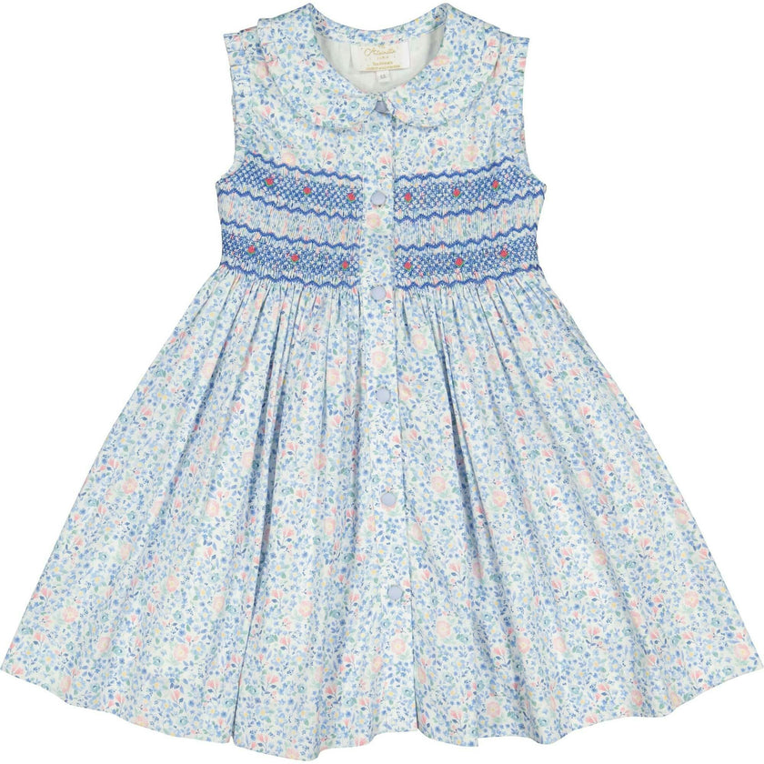 Olympe Blue Floral Sleeveless Smocked Dress