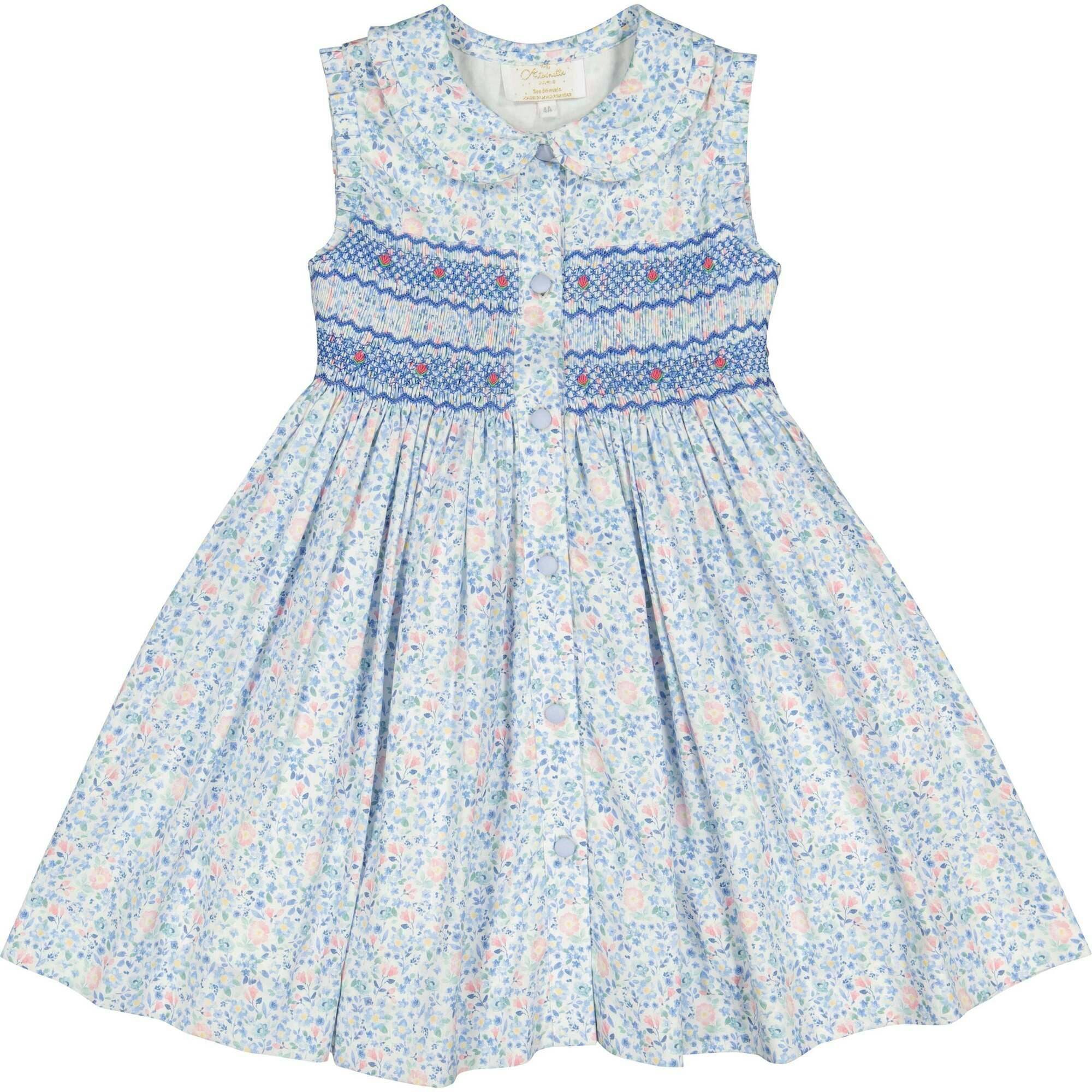 Olympe Blue Floral Sleeveless Smocked Dress