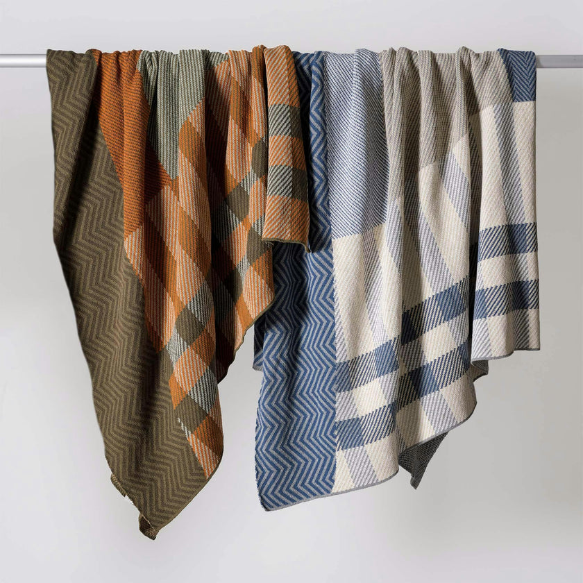 Cotton Sustainable Knit Plaid Solid Throw Blanket - Patchwork Herringbone