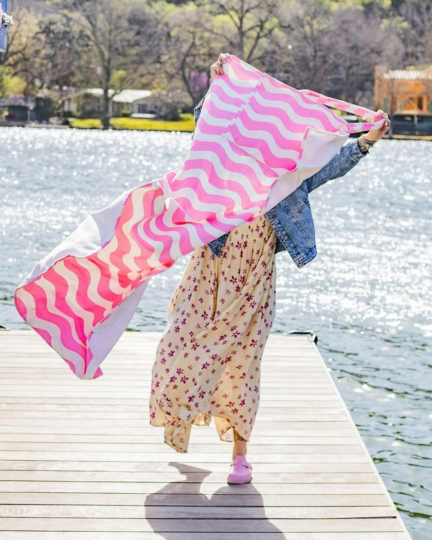 Packed Party Coastal Comfort Pink Scallops 2-in-1 Tote Towel Bag – Wave Print Beach Tote that Unfolds into a 64.5x34 Inch Towel for Beach and Pool Days