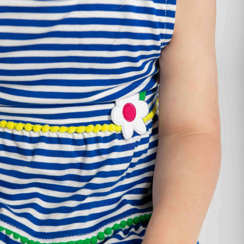 Stripe Knit Dress With Pom Poms & Flowers