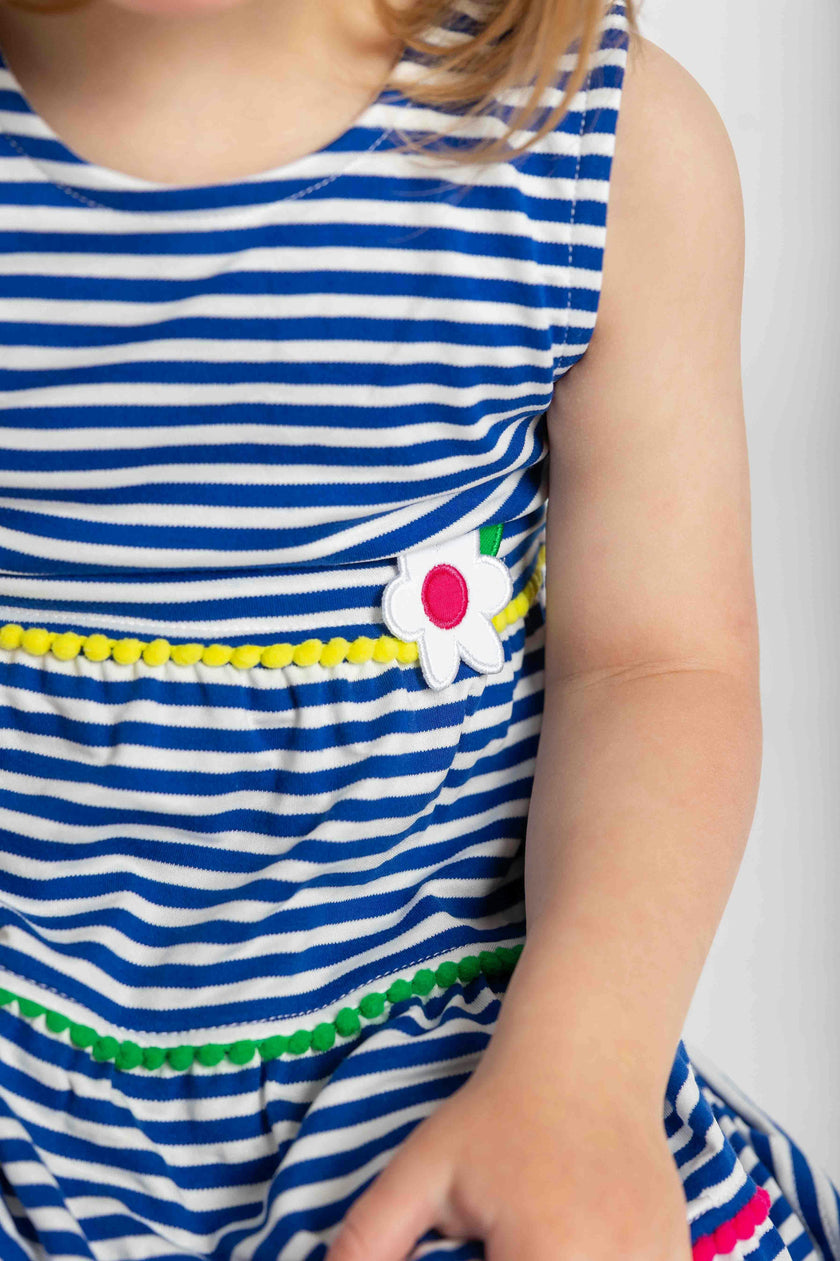 Stripe Knit Dress With Pom Poms & Flowers