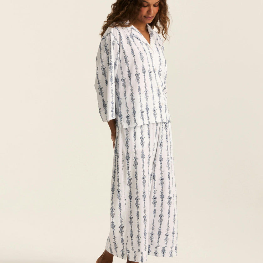 The Olivia Wide Leg Pima Pajama Set in Navy Mayfair Toile