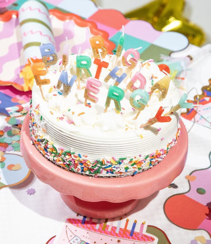 Packed Party Big Birthday Energy Glitter Letter Candle Set - Multicolor Rainbow Alphabet Candles with Gold Glitter Trim, Spell-Out Cake Candles in Gift Box