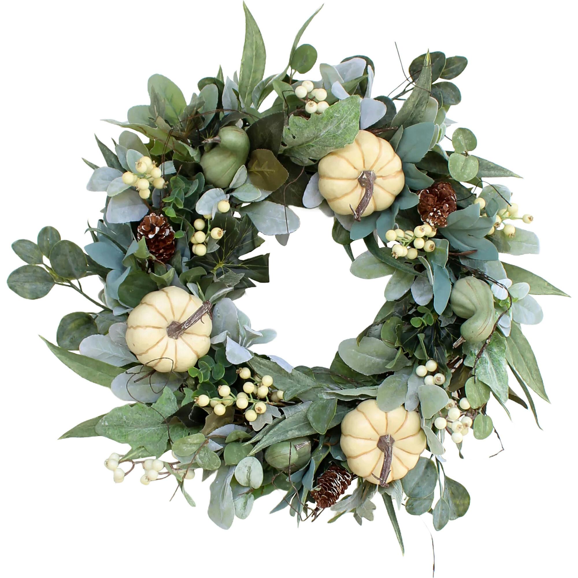 Cream Pumpkin, Eucalyptus & Gourd, Lamb's Ear Fall Harvest Front Door Wreath - Available In 2 Sizes