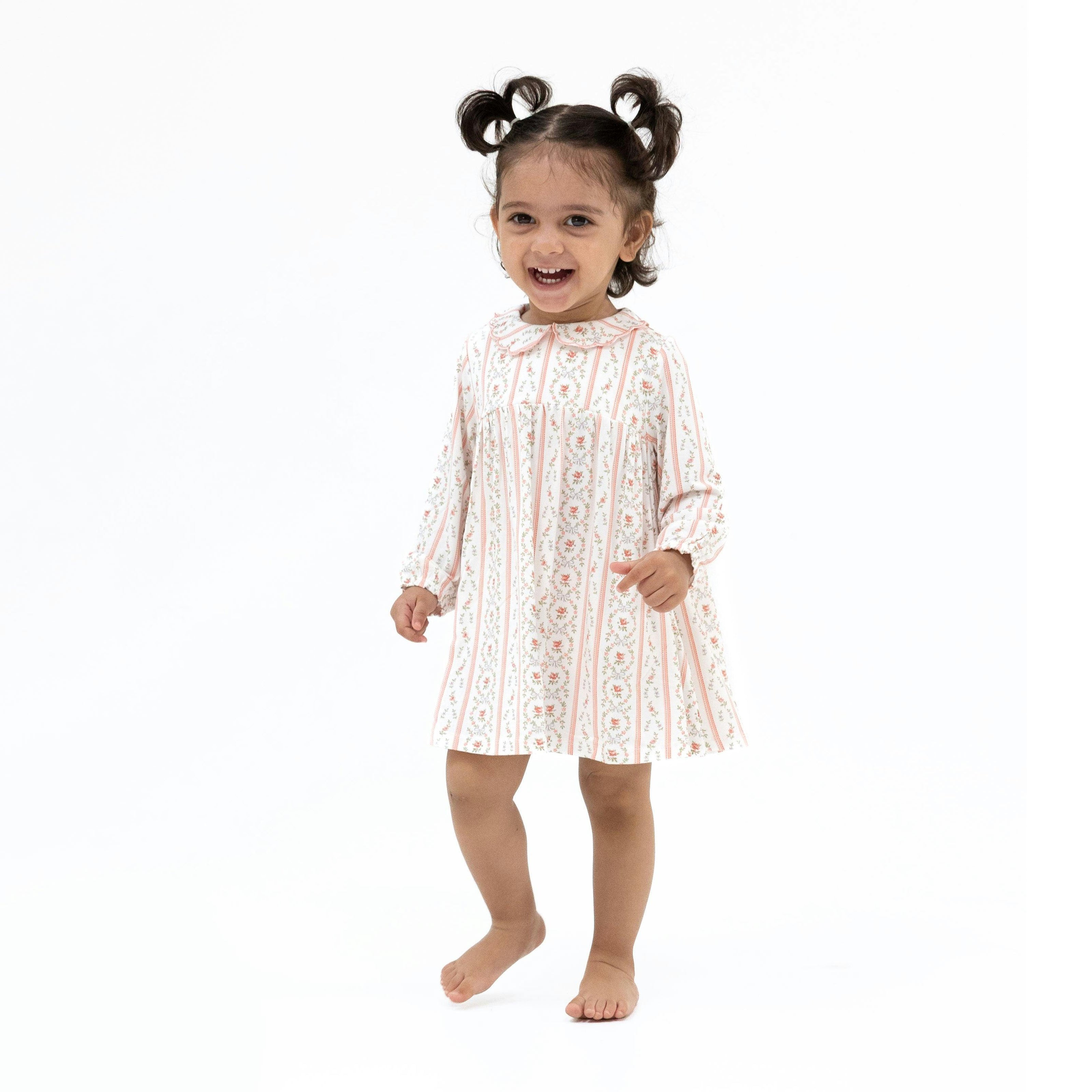 Marnie Rosebud Stripe - Long Sleeve Petal Collar Dress and Bloomer