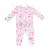 Sweet Bow Cherries - 2 Way Ruffle Back Zipper Footie & Swaddle Blanket Set
