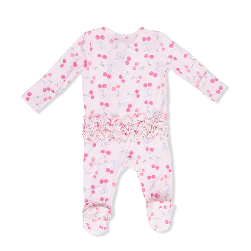 Sweet Bow Cherries - 2 Way Ruffle Back Zipper Footie & Swaddle Blanket Set