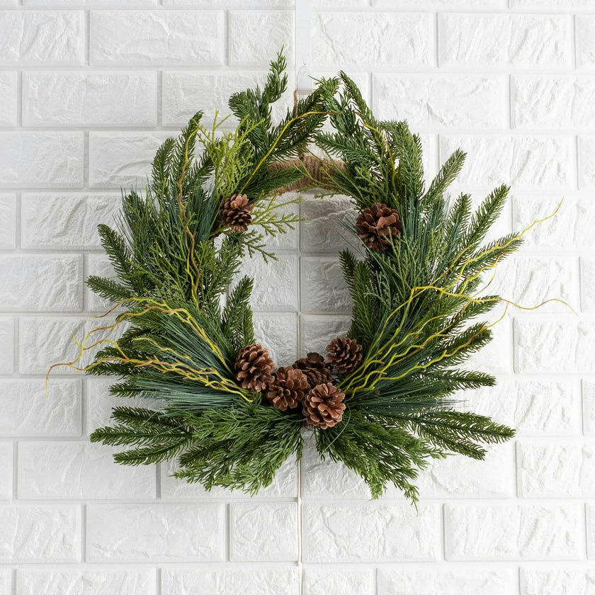 Evergreen Forest Mixed Greens & Pine Cone Holiday Winter Front Door Crest Christmas Wreath with Gold Velvet Bow