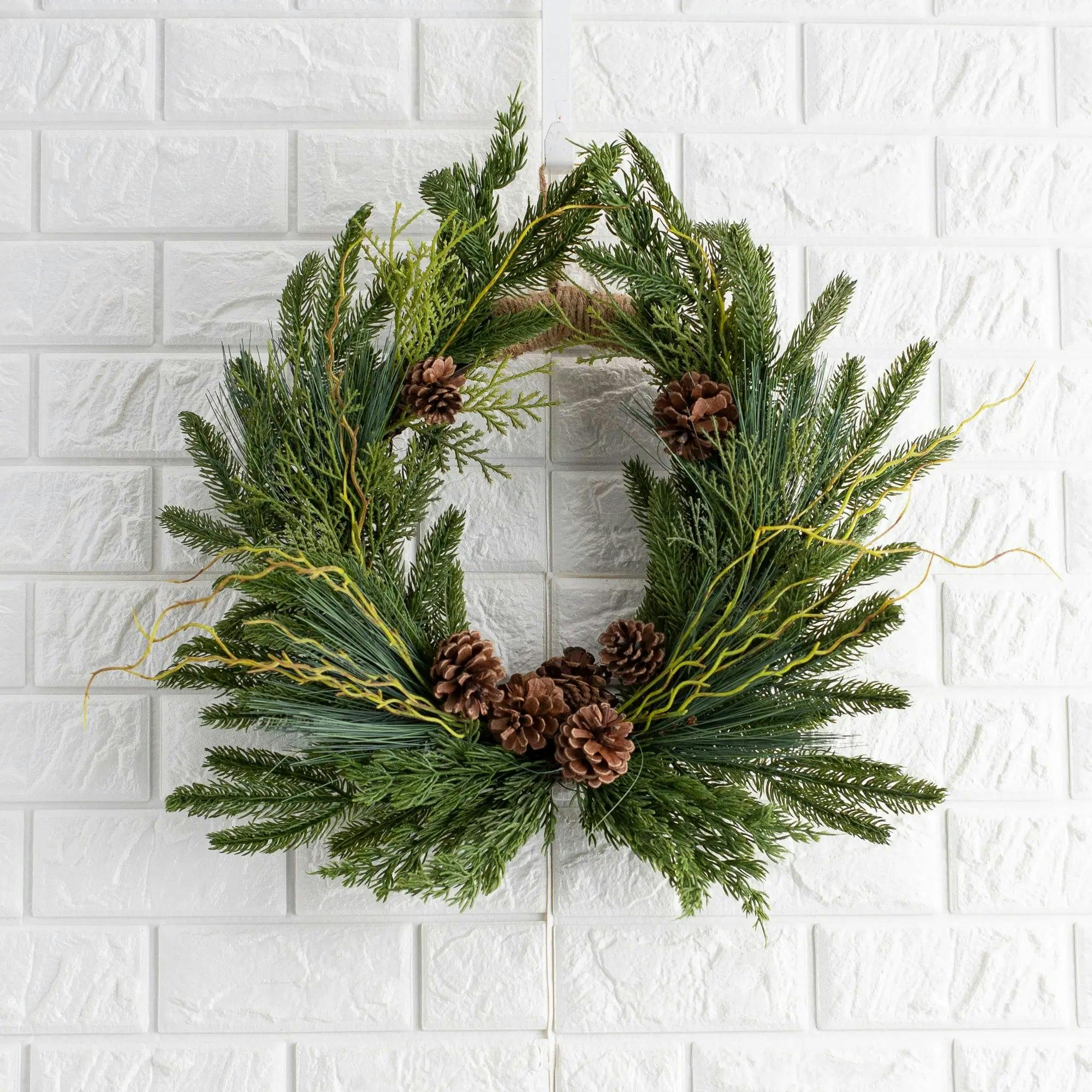 Evergreen Forest Mixed Greens & Pine Cone Holiday Winter Front Door Crest Christmas Wreath with Gold Velvet Bow