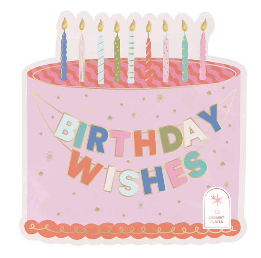 Packed Party Make a Wish Birthday Dessert Plates 10ct - Gold Foil Colorful Cake Design Party Plates, 8 Inch, 350 GSM