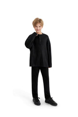 Jet Black Three-Button Henley Top
