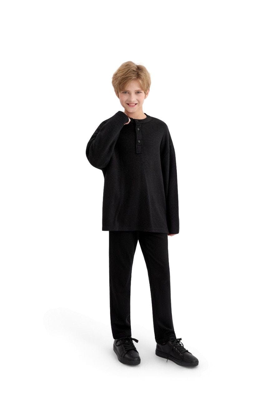 Jet Black Three-Button Henley Top