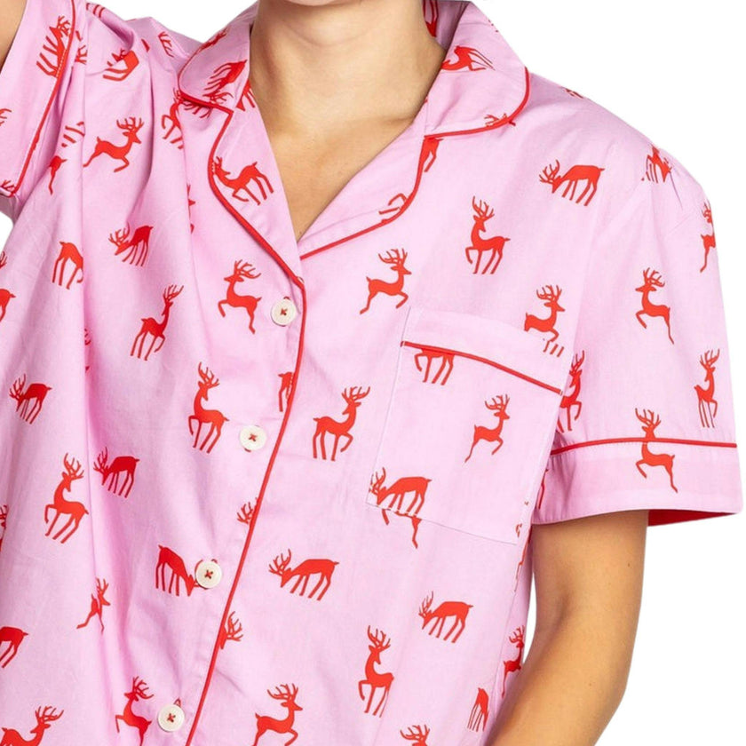 Women's Reindeer Pink Short PJ Set - Organic Cotton Poplin