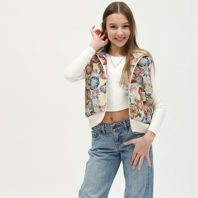 Tenly Tapestry Floral Puffer Vest Hoodie