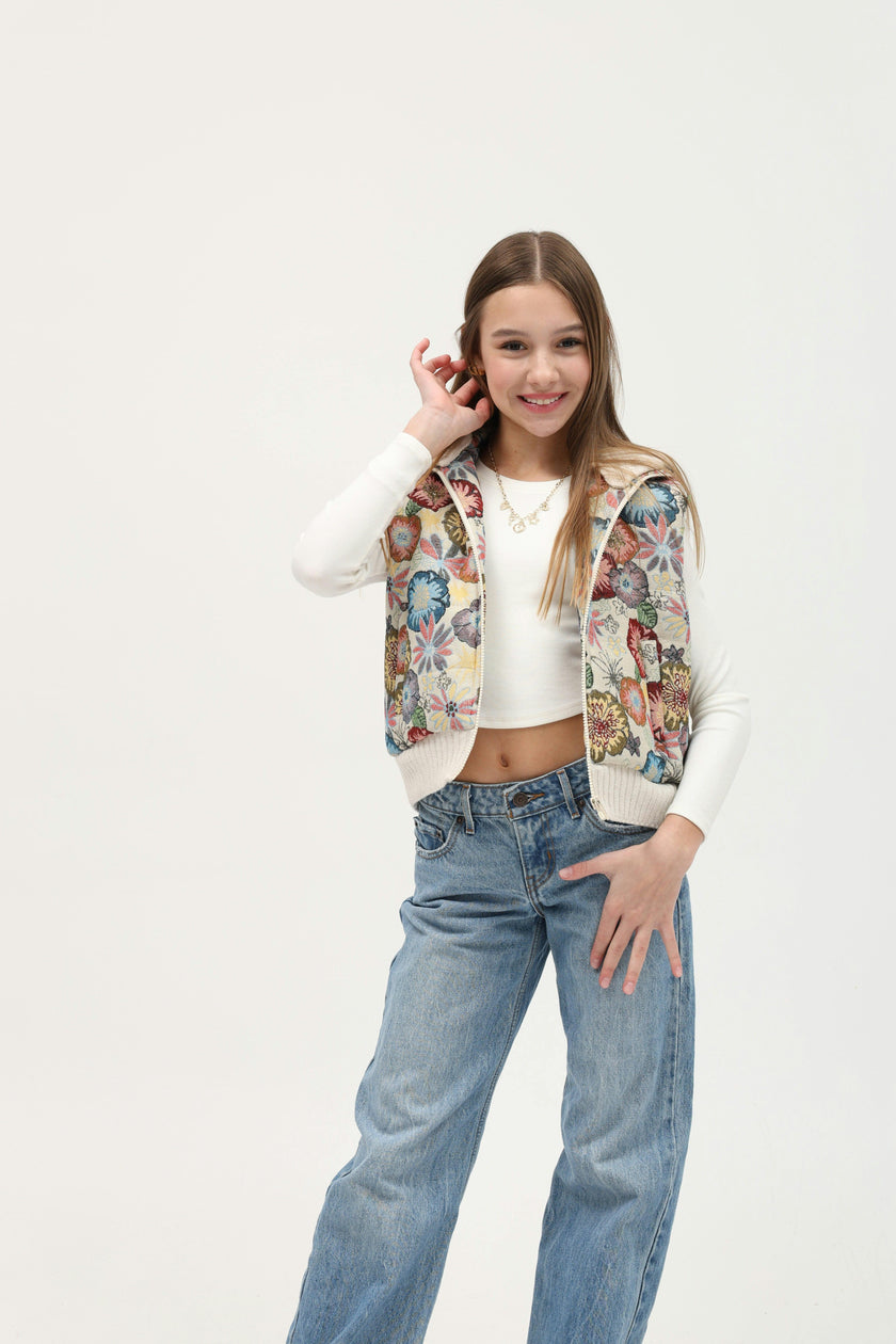 Tenly Tapestry Floral Puffer Vest Hoodie