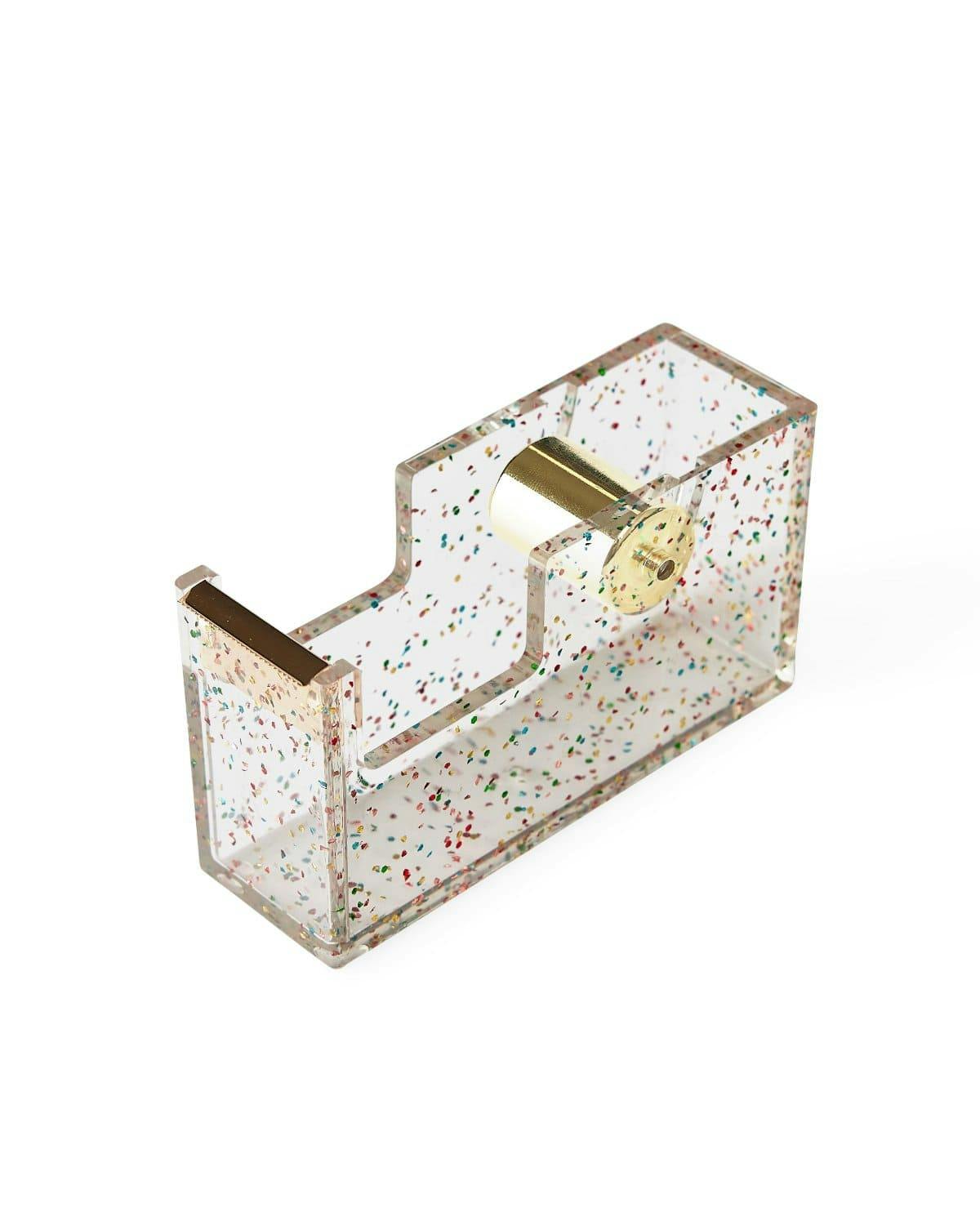 Packed Party Confetti Party Acrylic Tape Dispenser - Clear Confetti-Injected Acrylic with Gold Metal Hardware and Weighted Base for Home School and Office Desks