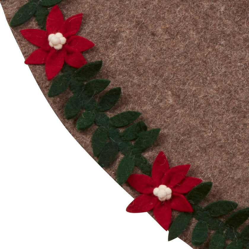 Handmade Felt Poinsettia Border Gray Christmas Tree Skirt 60" Arcadia Home