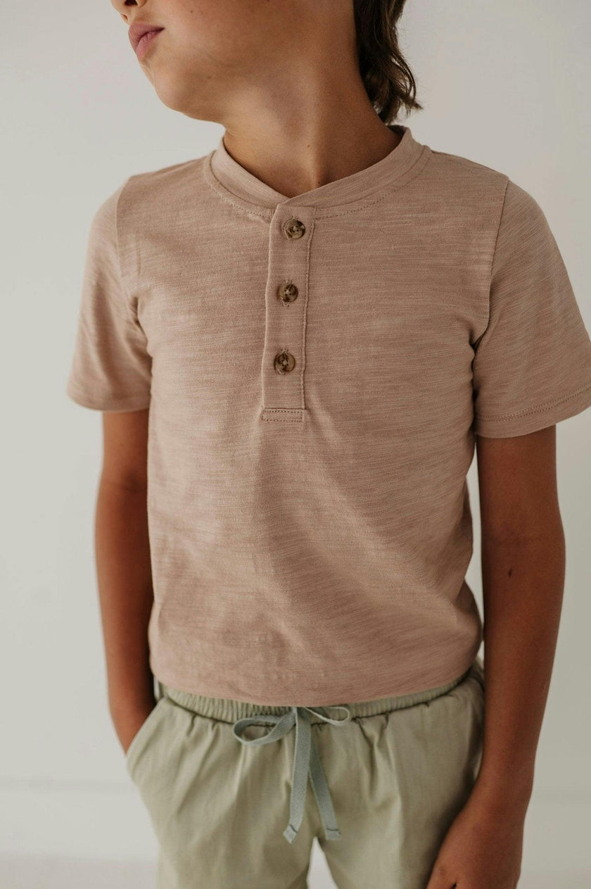 Boys Short Sleeve Henley Shirt in Taupe