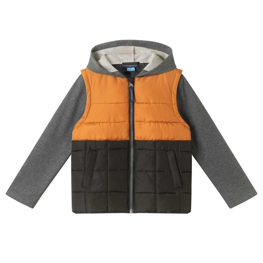 Hooded Puffer Vest Jacket | Black & Cognac