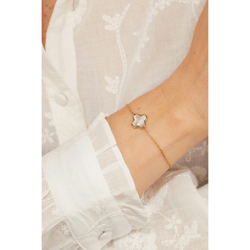 Personalized Mother of Pearl Clover Cross Chain Bracelet, 14k Gold Plated
