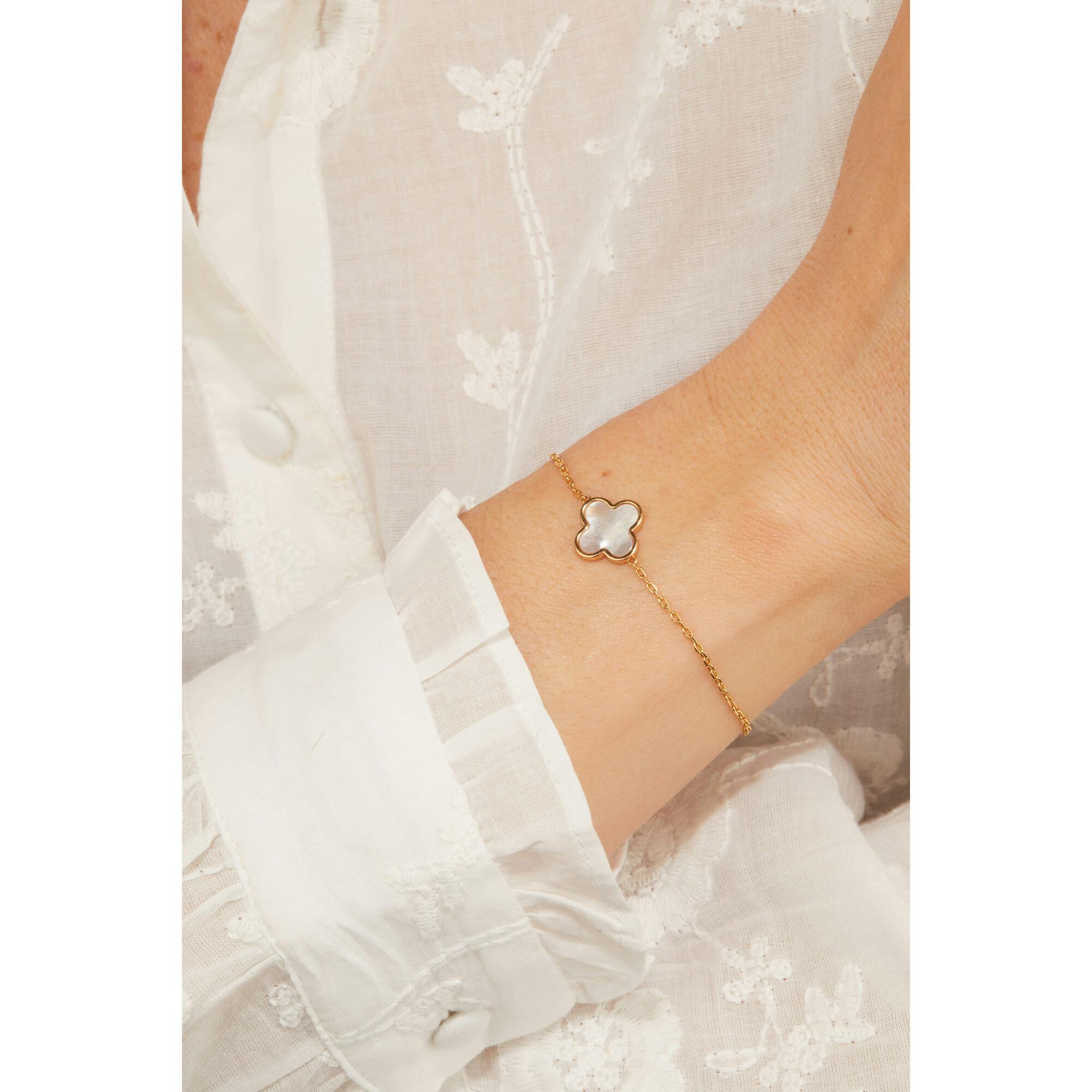 Personalized Mother of Pearl Clover Cross Chain Bracelet, 14k Gold Plated