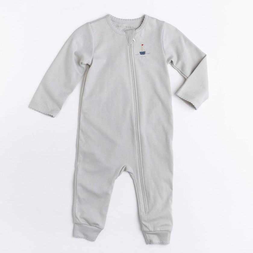 Pima Embroidered Footless Sleeper in Blue Boat