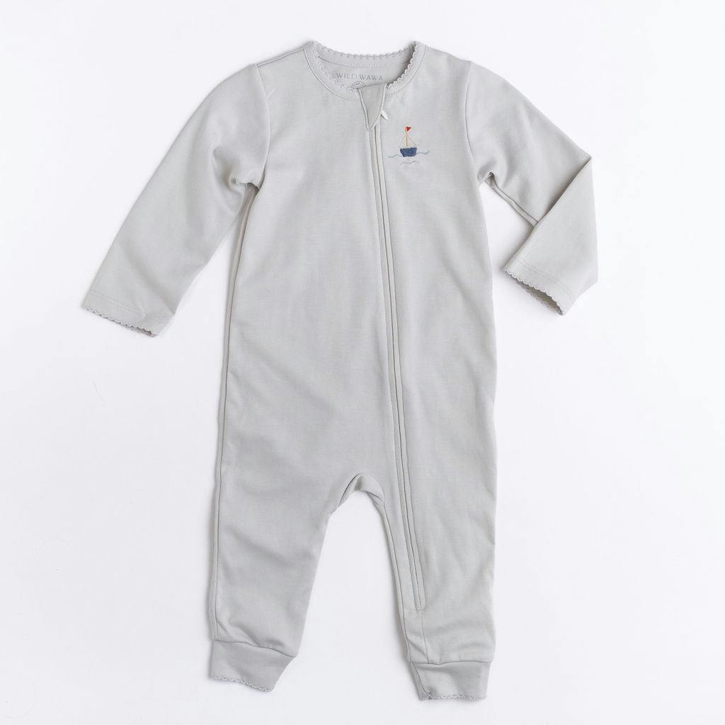Pima Embroidered Footless Sleeper in Blue Boat