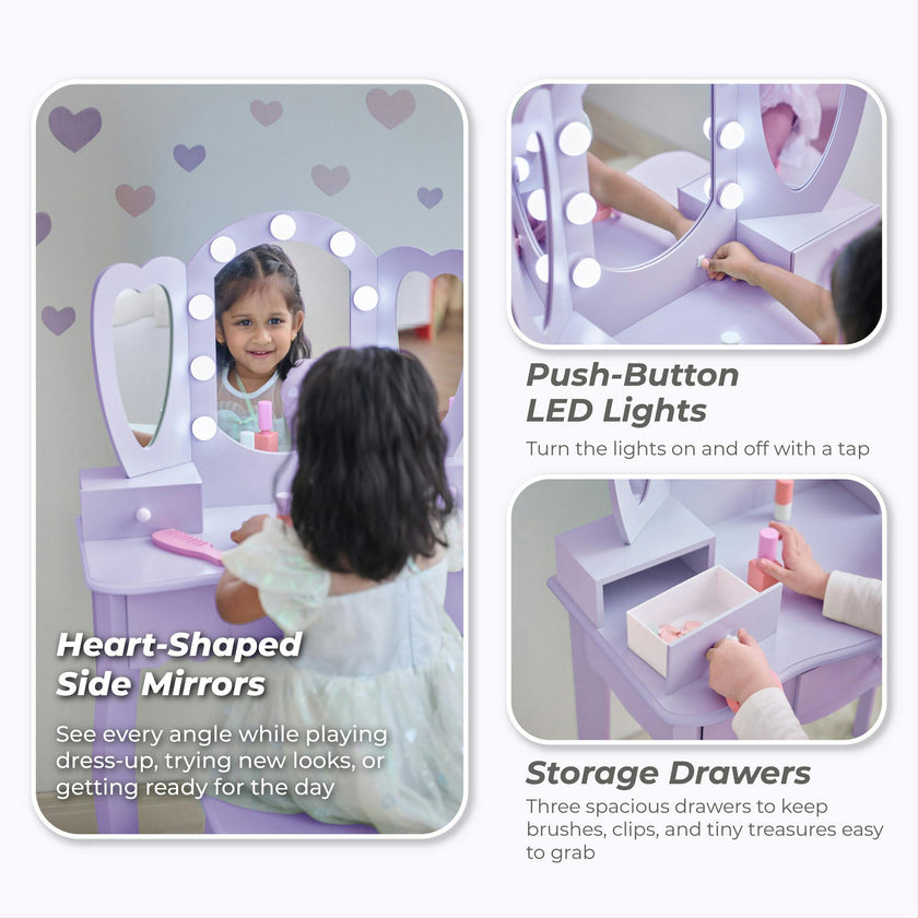 Teamson Kids Heart Glow Wooden Vanity Set With LED Lights Mirror & Stool
