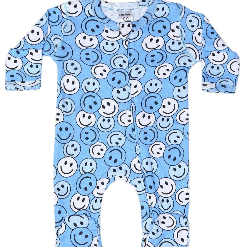 Baby Zipper Footie - Blue Smile Party