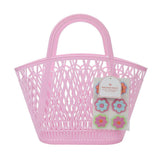 Packed Party Petal Party Pink Silicone Woven Basket with 6 Floral Twisty Charms - Lightweight Open Weave Carryall, 16x10.4 Inch with 15 Inch Handle