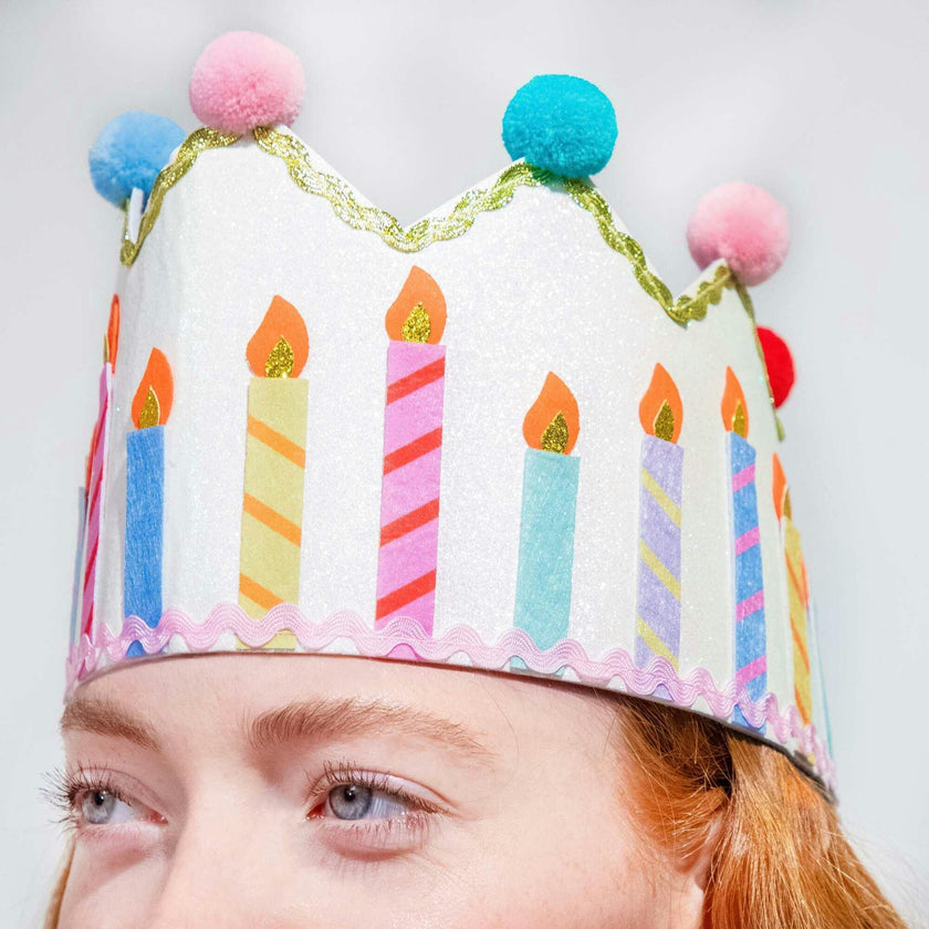 Packed Party Birthday Wishes Reusable Glitter Pom Pom Crown - Metallic Fabric Birthday Candle Crown with Multicolor Poms and Adjustable Satin Ties