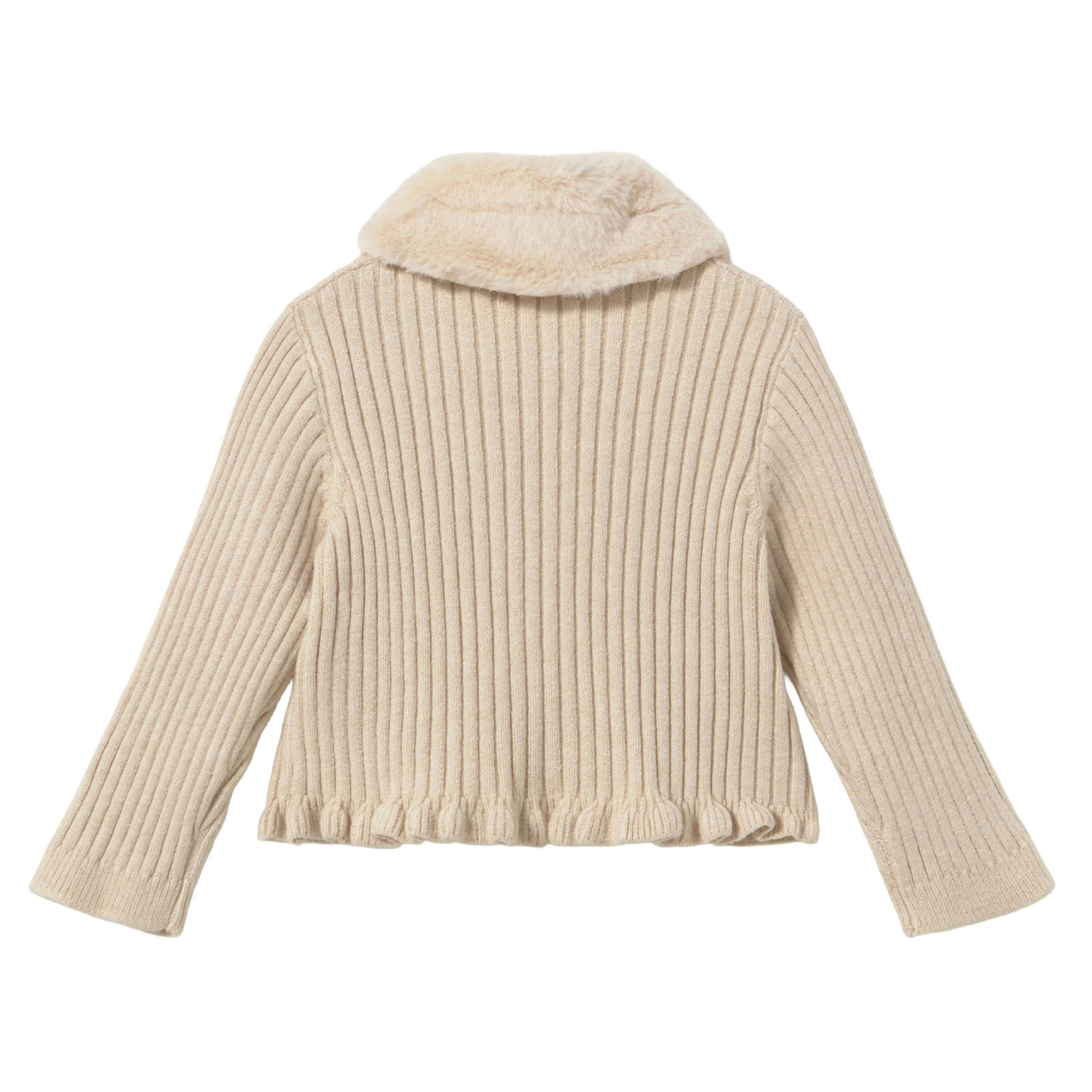 Beige Cardigan with Faux Fur Collar